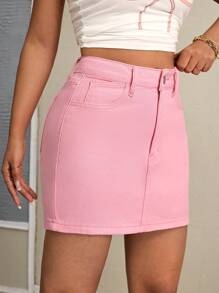SHEIN EZwear Casual Pink Denim Mini Skort For Women With Plain Pattern And Zipper Closure - Pink - View 6
