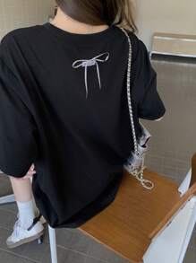 DAZY Women's Crew Neck Cartoon Puppy Bowknot Knot Short Sleeve T-Shirt Summer - Black - View 1