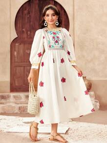 SHEIN Teen Girls Eid Al-Adha Founding Day Ramadan Holiday Dress With Tulle Dress, Viscose Rose & Golden Sequin Trim
