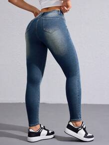 SHEIN Essnce Casual Distressed Slim Fit Denim Jeans - Dark Wash - View 3