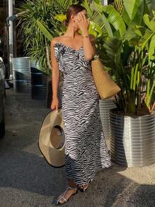 DAZY Vestido maxi de verano para mujer con tirantes y volantes con estampado de zebra, vestidos casuales para mujeres