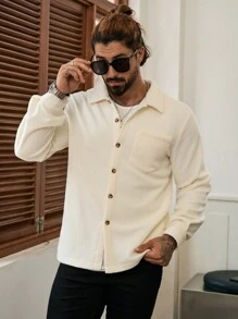 Manfinity CasualCool Men's Solid Color Button Front Long Sleeve Pocket Casual Shacket,Fall Men Clothes,Beige Flannel Thermal Shacket - Apricot - View 5