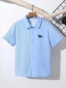 SHEIN Áo sơ mi tay ngắn cổ polo họa tiết kẻ sọc chắp vá cho bé trai tuổi mới lớn, trang phục thể thao giản dị, thích hợp cho tiệc tùng ngày lễ, đa năng, phù hợp mọi phong cách - Màu xanh lam - Xem 6