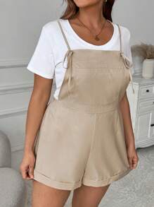 SHEIN LUNE Plus Size Women's Front Tie Pocket Loose Casual Bib Overall Shorts, Spring/Summer
