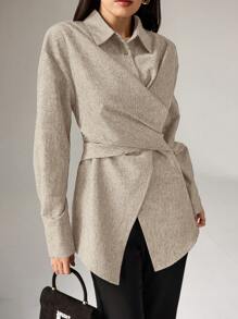 Heiryn Women's Plain Long Sleeve Casual Crossover Shirt, Autumn