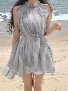 DAZY Chemise de plage en mousseline de soie ample sans manches avec col pour femme, gris, printemps/été - Gris - Voir 4