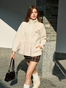 Jouncy Chaqueta casual con cremallera frontal, manga larga y bordado de letras para mujer