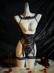 3pcs Sexy Cupless Lace-Up Floral Lace Lingerie Jumpsuit, Black