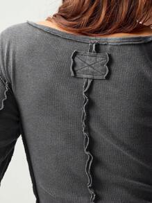 Bohemela Áo thun nữ tay dài cổ chữ V màu trơn đơn giản - màu đen - Xem 2