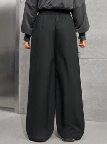 SHEIN 青少年女孩黑色侧条纹抽绳腰长裤