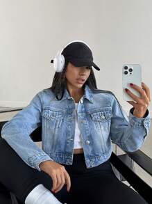 EURMUSE CROP LGHT WASH DENIM JACKET SIMPLE FASHIONABLE DAILY CASUAL