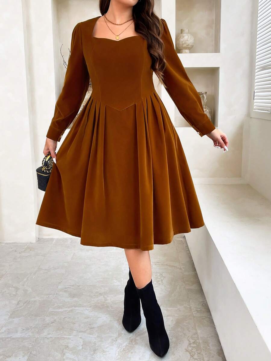 Flirla Einfaches Kleid im französischen Stil, Große Größen, mit quadratischem Ausschnitt, Puffärmeln und taillierter Taille, knielanges Design, für Herbst/Winter