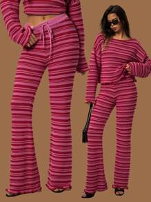 Forever 21 Ensemble de pantalon et pull rayé pour femmes, coupe slim, style décontracté simple et pour le port quotidien
