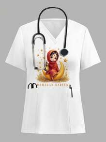 PopScrub Vrouwen V-hals korte mouw dubbele zak top met meisje met lantaarn, ster, maan, ramadan, verpleegster scrub uniform top print