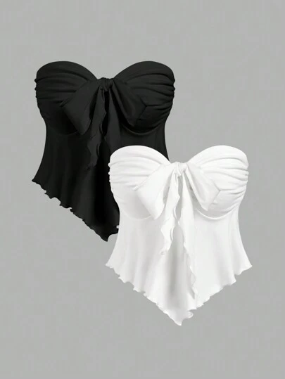 SHEIN MOD 2 parça Kadın Bandeau Kırpılmış Üst Sivri Etek ve Papyon Yaka, Kadınlar İçin Plaj Kıyafetleri, Kadınlar İçin Dışarı Çıkma Üstleri, Omuzdan Askılı Üst