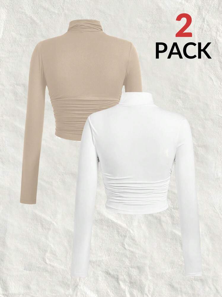 SHEIN EZwear 2pcs Plus Size Turtleneck Elastic Ruched Moisture-Wicking Base Layer T-Shirts, Autumn/Winter - Khaki - View 2