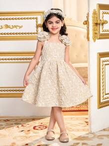 SHEIN Young Girl's Spring/Summer Matching Family Vacation , Holidays Woven Plain Elegant Off-Shoulder Solid Color Sleeveless 3D Rose Floral Decor Loose Casual Vacation Slip Dress,Cute & Elagant & Sweet & Fashionable.Partywear,Gorgeous Princess.
