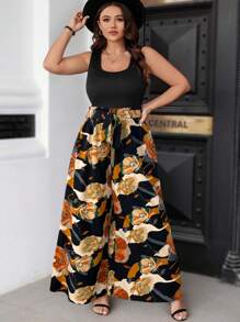 SHEIN Clasi Pantalones anchos de pierna ancha de unicolor con parches, de talla grande, sin mangas, de estilo casual simple, de estampado aleatorio para el verano