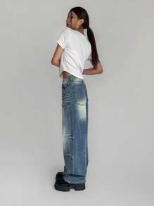 DAZY 1pc Women Rhinestone Decor Round Neck Fitted Short Sleeve White T-Shirt, Spring/Summer