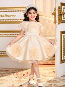SHEIN Young Girl 2pcs Set: Cute Woven Mesh Organza Shawl & Woven Jacquard Sleveless Elegant Dress Outfit, 3D Rose Flower & Back Big Bow Decor,Spring/Summer Ramandan Style,Suitable For Girls Daily Wear, Festivals