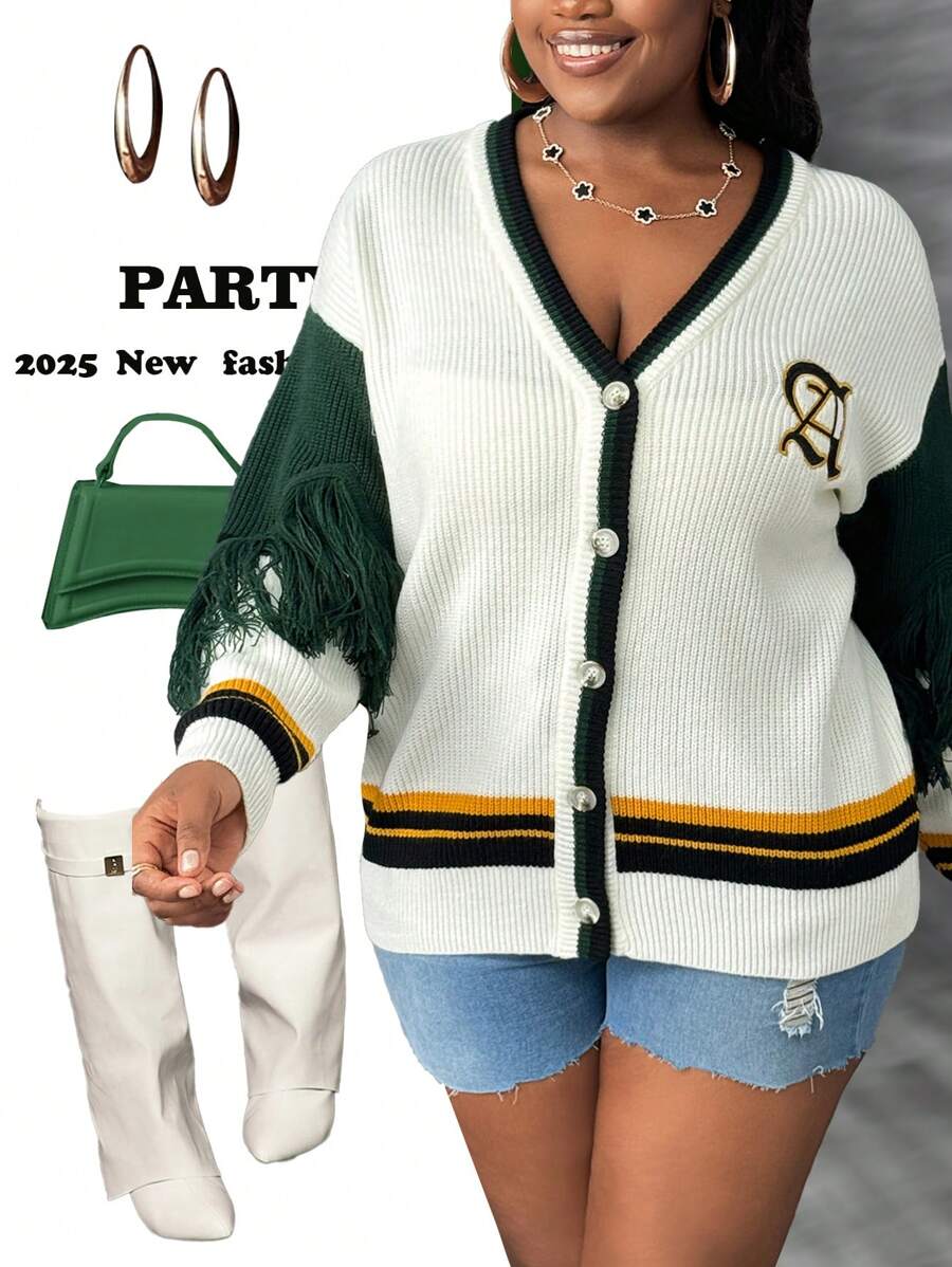 Slaydiva 大码女式休闲针织开衫，学院风 - 彩色 - 查看 1