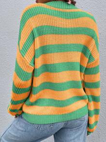 SHEIN PETITE Women's Casual Color Contrast Striped Round Neck Oversized Dropped Shoulder Long Sleeve Knit Sweater, Loose And Versatile For Autumn/Winter