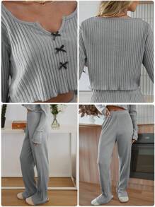RueChic 2pcs Cotton Contrast Colour Ribbon Detail Homewear Set - Light Grey - View 12