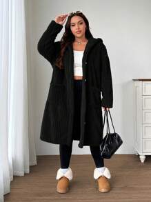 SHEIN EZwear Plus Size Women Letter Hooded Long Sleeve Casual Double-Sided Fleece Drawstring Jacket, Autumn/Winter Fall - Black - View 3