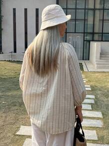 DAZY Blus Pullover Longgar Lengan Lentera Bergaris Vintage Kasual Artistik Serbaguna untuk Wanita - Biru - View 3