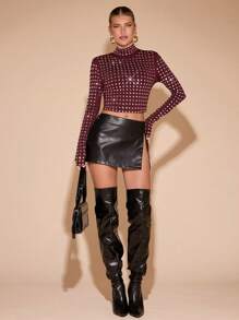 SHEIN BAE Women's Fashion Rhinestone Decor Stand Collar Cropped T-Shirt