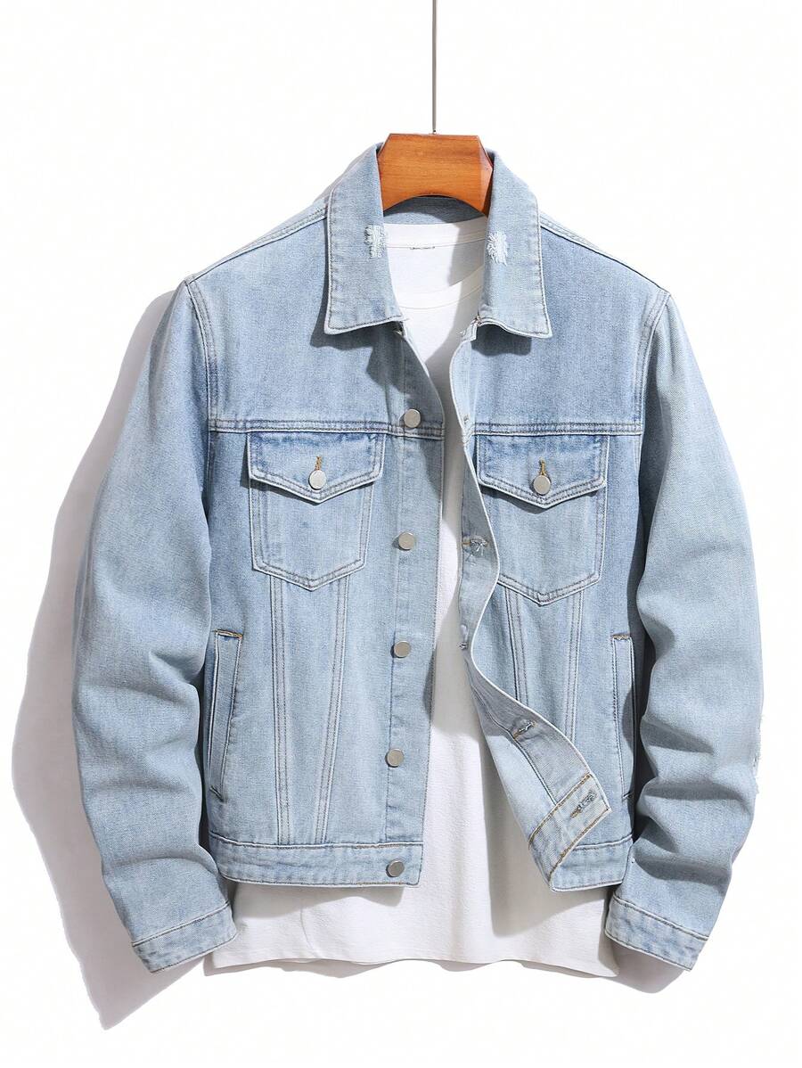 Manfinity LEGND Men's Front Button Long Sleeve Pocket Casual Denim Jacket - Light Wash - View 1