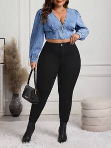 EMERY ROSE Blusa vaquera casual de manga larga con cremallera delantera, de corte slim y sencilla, talla grande - Azul lavado medio - Ver 5