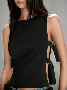 LYSMO Women's Solid Color Round Neck Casual Camisole With Side Buckle Design - Black - View 4