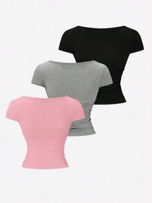 SHEIN Unity 女士夏季純色修身3件套裝，方領短袖T卹