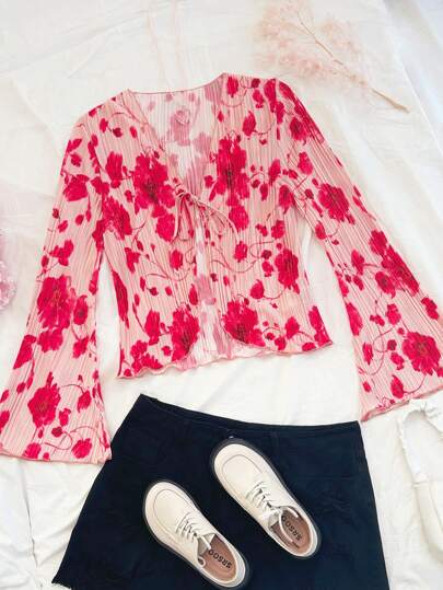 Soleia Women's Vacation Large Floral Pleated Tie Front Bow Puff Sleeve Ruffle Hem Casual Loose Blouse, Long Sleeve Top, New Years Women ,Birthday For Women, Western Wear Women, Holiday Party Blouse, Valentine's Day