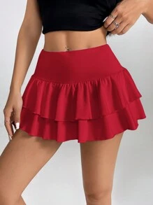 SHEIN PETITE Women's Double Layer Ruffle Hem A-Line Short Skirt - Burgundy - View 6
