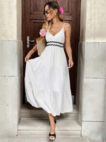 Chiquease Vestido casual de tirantes finos de unicolor y parches minimalista y largo para mujer