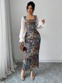 Modelyn Women's Multi-Color Patchwork Print Chiffon Square Neck Waistline Bodycon Long Sleeve A-Line Dress, Elegant