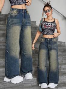 少女新款 Y2K 风格休闲百搭时尚复古宽松男友风牛仔裤，适合日常时尚穿着 - 深色水洗藍 - 查看 1