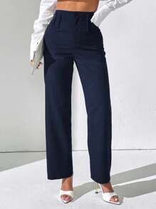 SHEIN PETITE Quần ống đứng đơn sắc thường ngày cho nữ - Màu xanh hải quân - Xem 3