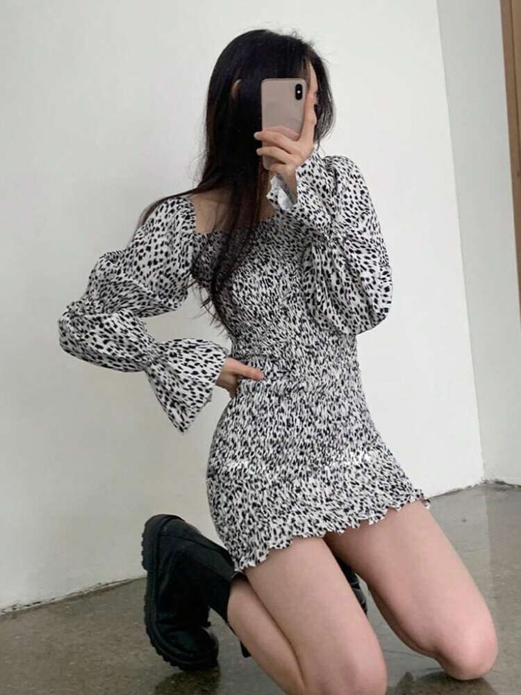 Off Shoulder Ditsy Floral Puff Sleeve Mini Dress For Women,Ruffle Cheetah Print,Fall Dress Long Sleeve Dress Boho