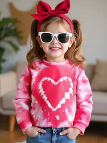SHEIN 1pc Girls' Fashionable Casual Heart Tie-Dye Print Crew Neck Sweatshirt, Autumn/Winter, Valentine's Day Gift, Mommy And Me Matching Outfits (3pcs Sold Separately) - Multicolor - View 3