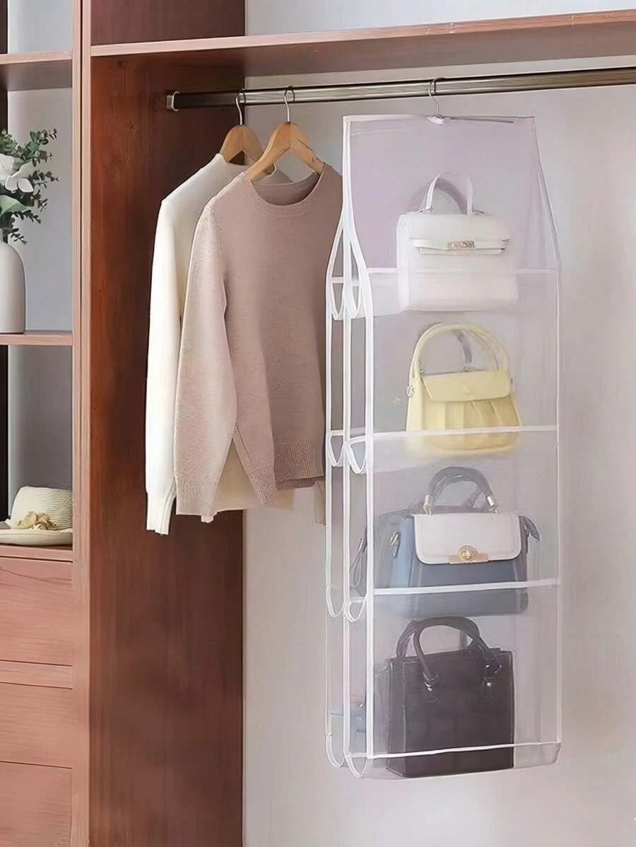 1pc 8-Pocket Handbag Organizer Hanging Storage Multiple Layers Of Vertical Space-Saving Home Wardrobe Closet Bag Holder - White - View 1