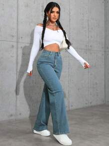 SHEIN EZwear 休闲洗水和做旧直筒牛仔裤 - 淺色水洗藍 - 查看 4