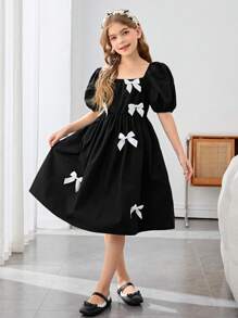 SHEIN Nova Glow Tween 女童梭织蝴蝶结方领泡泡袖迷你连衣裙 - 黑色 - 查看 5