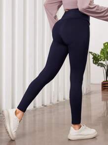 Mulvari Women's Navy Cross Wrap High Waist Slimming Elastic Skinny Leggings - Navy Blue - View 2