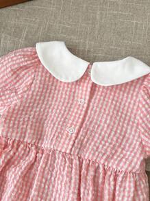 SHEIN LMoss Kids Newborn Baby Girl Cute Plaid Embroidered Ruffle Collar Romper, Summer