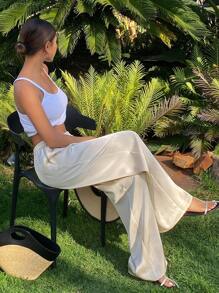 DAZY Pantalon droit décontracté de couleur unie pour femmes - Beige - Voir 5