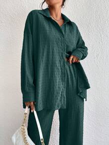 EMERY ROSE Women's Drop Shoulder Long Sleeve Single-Breasted Shirt And Pants Casual 2 Pieces Set