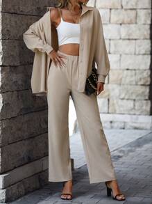 SHEIN LUNE Chất rắn Nút phía trước Áo sơ mi & Quần ống rộng - Màu Khaki - Xem 4